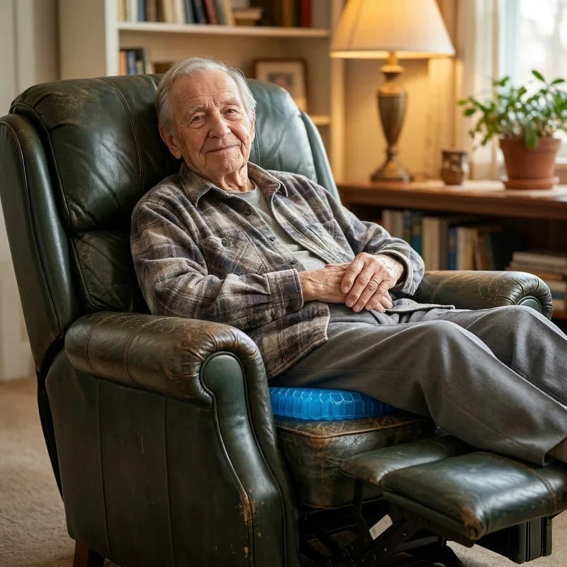 Man relaxing in a leather recliner sitting on the Cirro honeycomb gel cushion